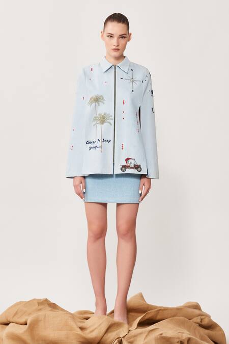 Shahin Mannan Blue Thick Washed Denim Typography Shirt Collar Embroidered Cape Online at Aza Fashions Shahin Mannan_Blue Thick Washed Denim Typography Shirt Collar Embroidered Cape _Online_at_Aza_Fashions