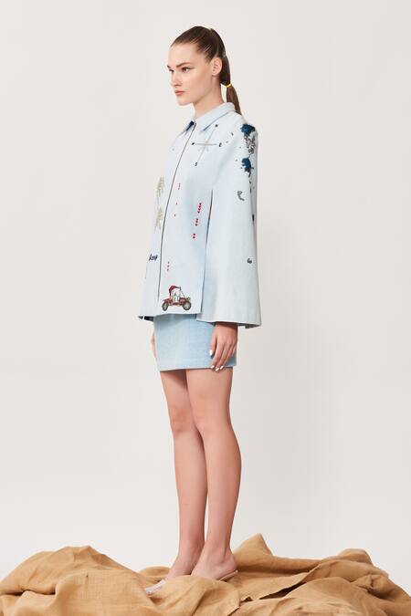 Buy Shahin Mannan Blue Thick Washed Denim Typography Shirt Collar Embroidered Cape Online at Aza Fashions Buy_Shahin Mannan_Blue Thick Washed Denim Typography Shirt Collar Embroidered Cape _Online_at_Aza_Fashions