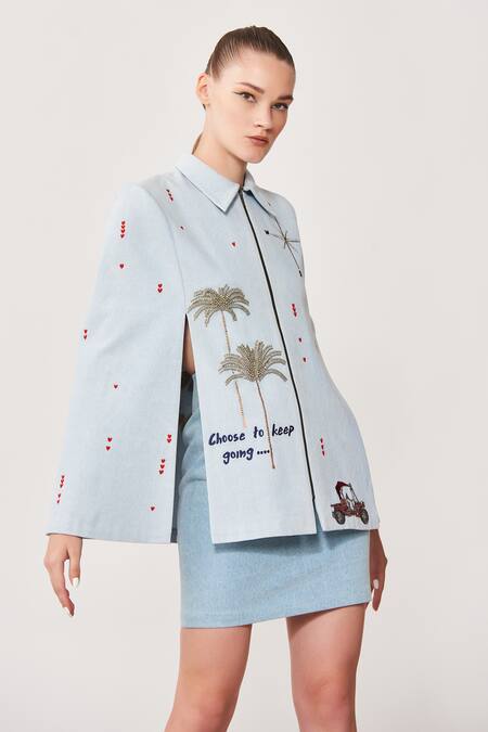 Shop Shahin Mannan Blue Thick Washed Denim Typography Shirt Collar Embroidered Cape Online at Aza Fashions Shop_Shahin Mannan_Blue Thick Washed Denim Typography Shirt Collar Embroidered Cape _Online_at_Aza_Fashions