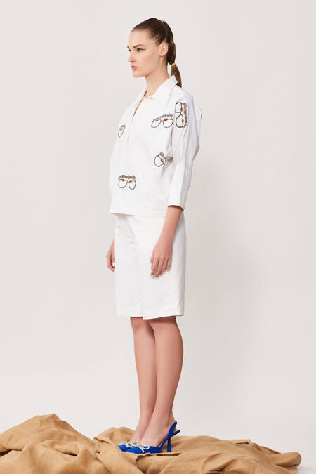 Shahin Mannan_White Poplin Specky Eyes Spread Collar Dolman Sleeve Top And Shorts Set_Online_at_Aza_Fashions