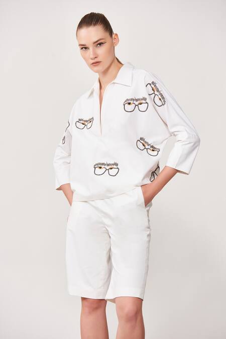 Buy_Shahin Mannan_White Poplin Specky Eyes Spread Collar Dolman Sleeve Top And Shorts Set_Online_at_Aza_Fashions