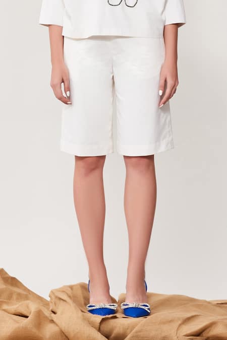 Shop_Shahin Mannan_White Poplin Specky Eyes Spread Collar Dolman Sleeve Top And Shorts Set_Online_at_Aza_Fashions