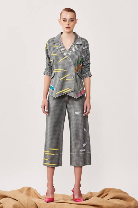 Shahin Mannan_Grey Windown Pane Check Car, Eraser, Pencil Over The Rainbow Waistcoat Jacket_Online_at_Aza_Fashions