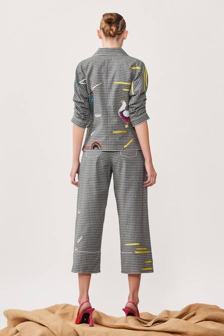 Shop_Shahin Mannan_Grey Windown Pane Check Car, Eraser, Pencil Over The Rainbow Waistcoat Jacket_Online_at_Aza_Fashions