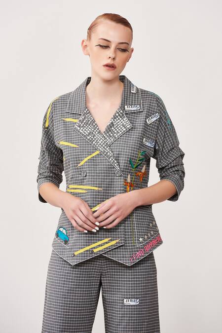 Shahin Mannan_Grey Windown Pane Check Car, Eraser, Pencil Over The Rainbow Waistcoat Jacket_at_Aza_Fashions