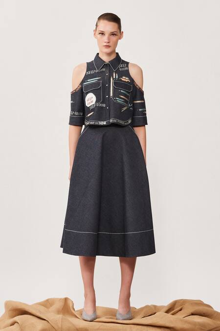 Shahin Mannan_Black Stretchable Denim Text Motifs Band Collar Cold Shoulder Shirt And Skirt Set_Online_at_Aza_Fashions