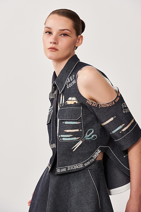 Shop_Shahin Mannan_Black Stretchable Denim Text Motifs Band Collar Cold Shoulder Shirt And Skirt Set_Online_at_Aza_Fashions