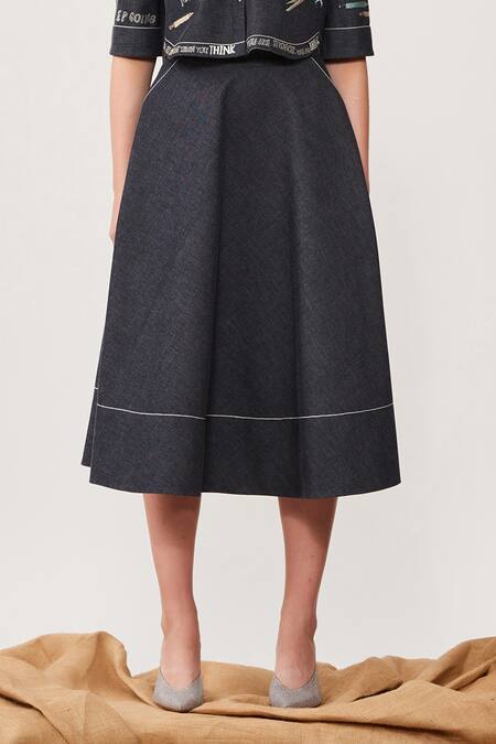 Shahin Mannan_Black Stretchable Denim Text Motifs Band Collar Cold Shoulder Shirt And Skirt Set_at_Aza_Fashions