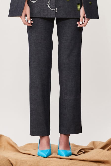 Shahin Mannan_Black Stretchable Denim Plain Narrow Pant_Online_at_Aza_Fashions