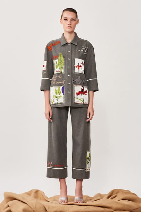 Shahin Mannan_Grey Thin Washed Denim Botanical Band Collar Patchwork Shirt_Online_at_Aza_Fashions