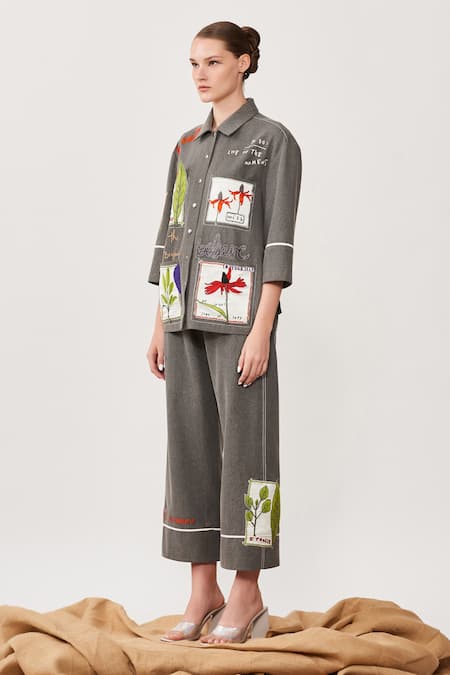 Buy_Shahin Mannan_Grey Thin Washed Denim Botanical Band Collar Patchwork Shirt_Online_at_Aza_Fashions