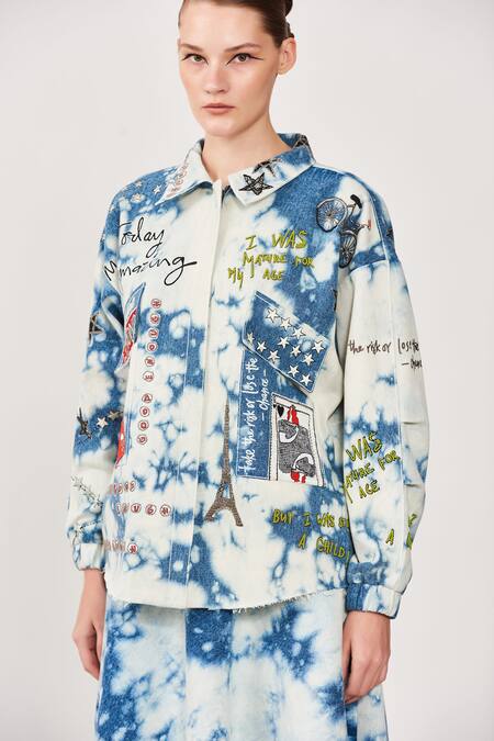 Shop_Shahin Mannan_Blue Cloud Washed Denim Bicycle, Cards, Text Motifs Open Oversized Jacket_Online_at_Aza_Fashions