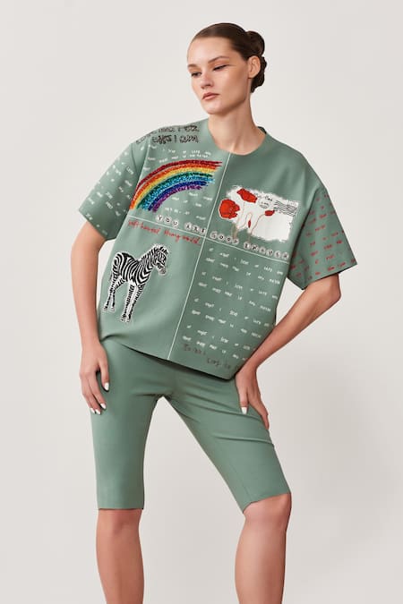 Shahin Mannan_Green Jersey Postcard Motifs, Rainbow, Zebra Oversized T-shirt And Shorts Set_Online_at_Aza_Fashions