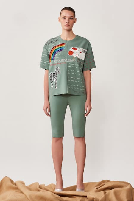 Shahin Mannan_Green Jersey Postcard Motifs, Rainbow, Zebra Round Embroidered Oversize T-shirt_Online_at_Aza_Fashions