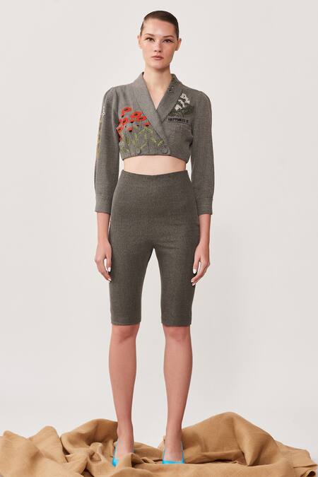 Shahin Mannan_Grey Denim Daisy Bee Shorts_Online_at_Aza_Fashions