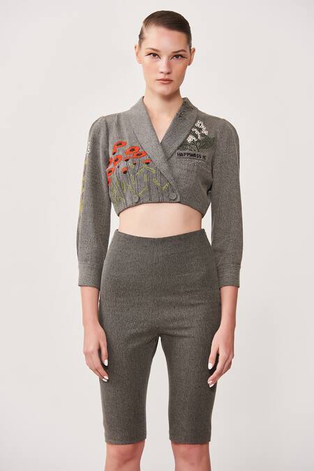 Buy_Shahin Mannan_Grey Denim Daisy Bee Shorts_Online_at_Aza_Fashions