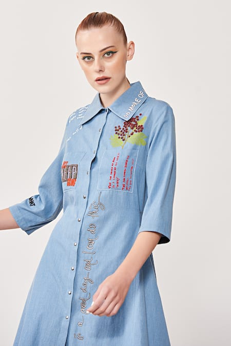Buy Blue Denim Embroidery Floral Collared Neck Nebraska Shirt For Women by  Pozruh by Aiman Online at Aza Fashions.