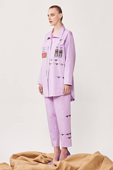 Shahin Mannan_Purple Poplin Thread Work Coca Cola Love Embroidered Pant _Online_at_Aza_Fashions