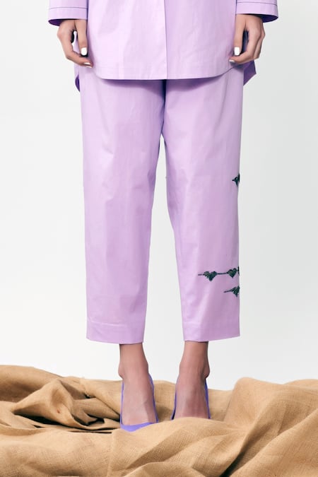 Buy_Shahin Mannan_Purple Poplin Thread Work Coca Cola Love Embroidered Pant _Online_at_Aza_Fashions