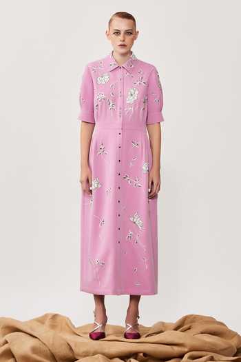 Shahin Mannan_Purple Double Crepe Cutdana Work, Thread Abstract Rose Embroidered Shirt Dress_Online_at_Aza_Fashions
