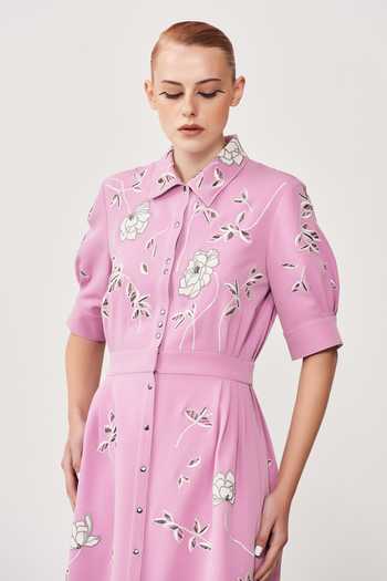 Buy_Shahin Mannan_Purple Double Crepe Cutdana Work, Thread Abstract Rose Embroidered Shirt Dress_Online_at_Aza_Fashions