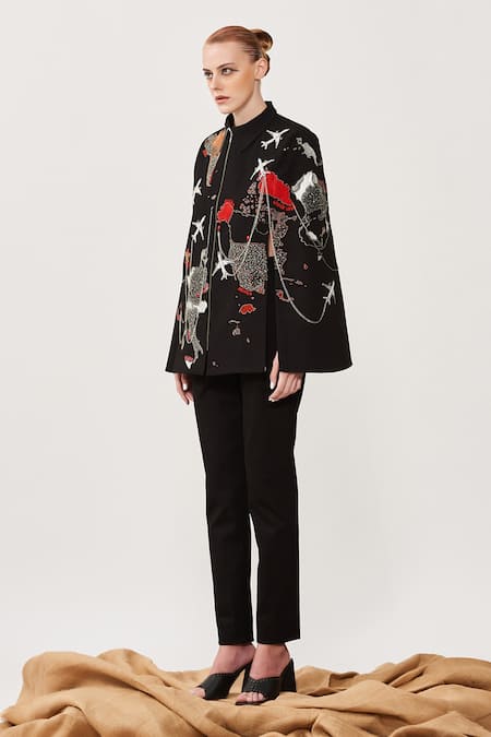 Shahin Mannan_Black Denim Map And Aeroplane Motifs Collared Neck Hand Embroidered Cape _Online_at_Aza_Fashions