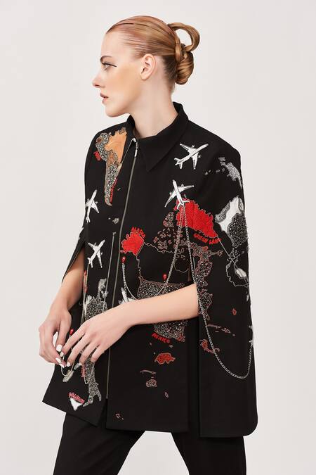 Buy_Shahin Mannan_Black Denim Map And Aeroplane Motifs Collared Neck Hand Embroidered Cape _Online_at_Aza_Fashions
