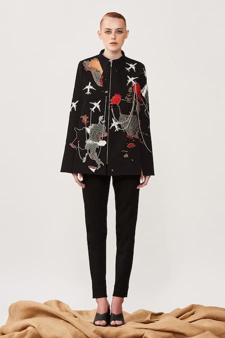 Shop_Shahin Mannan_Black Denim Map And Aeroplane Motifs Collared Neck Hand Embroidered Cape _Online_at_Aza_Fashions