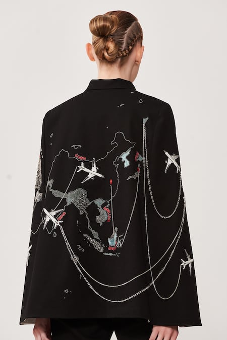 Shahin Mannan_Black Denim Map And Aeroplane Motifs Collared Neck Hand Embroidered Cape _at_Aza_Fashions
