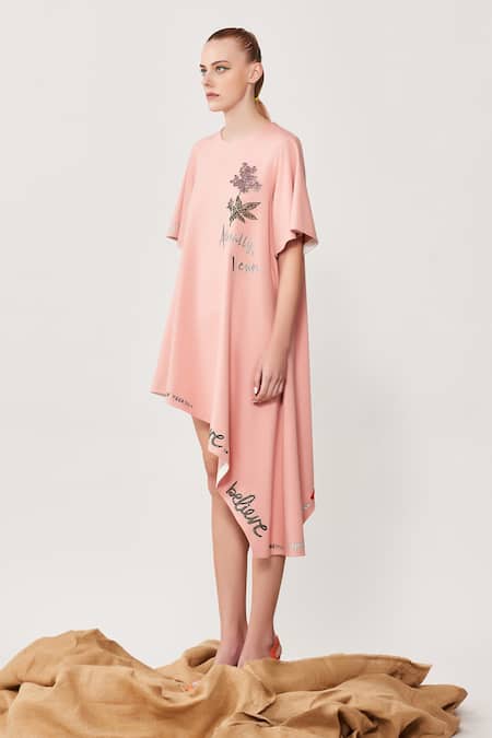 Shahin Mannan_Peach Jersey Typography Round Embroidered Asymmetric Dress_Online_at_Aza_Fashions