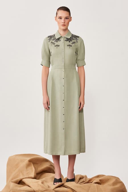 Shahin Mannan Green Hopsack Floral And Dragonfly Motifs Collared Neck Embroidered Shoulder Dress Online at Aza Fashions Shahin Mannan_Green Hopsack Floral And Dragonfly Motifs Collared Neck Embroidered Shoulder Dress_Online_at_Aza_Fashions