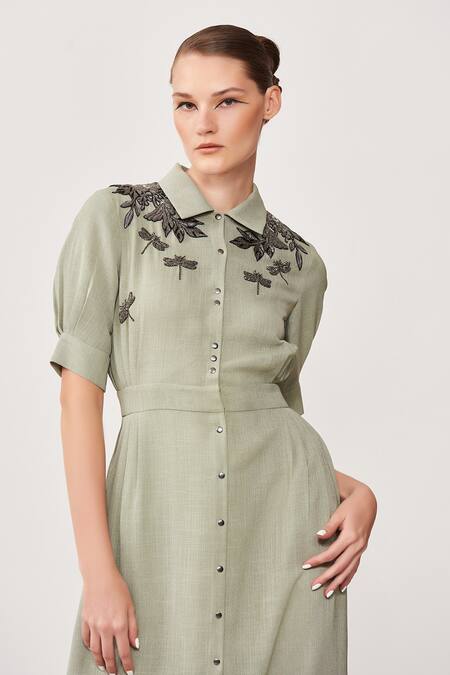 Buy Shahin Mannan Green Hopsack Floral And Dragonfly Motifs Collared Neck Embroidered Shoulder Dress Online at Aza Fashions Buy_Shahin Mannan_Green Hopsack Floral And Dragonfly Motifs Collared Neck Embroidered Shoulder Dress_Online_at_Aza_Fashions
