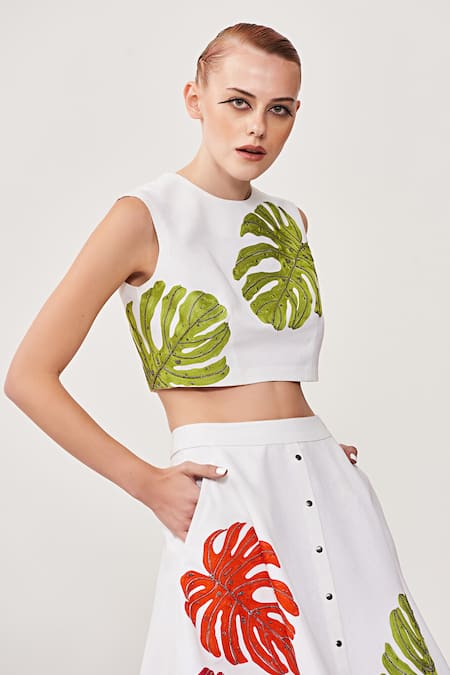 Shahin Mannan Monstera Leaf Embroidered Crop Top 