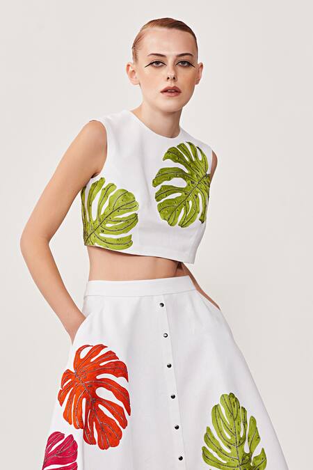 Shahin Mannan_White Soft Gaberdine Leaf Motif Round Monstera Embroidered Crop Top_at_Aza_Fashions