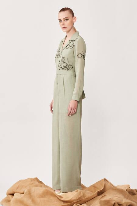 Shahin Mannan_Green Hopsack Clock, Spec Motifs Notched Collar Time Vision Embroidered Jumpsuit_Online_at_Aza_Fashions