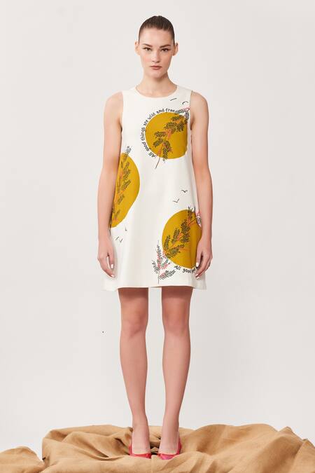 Buy_Shahin Mannan_White Broadcloth Branch Motifs, Moon Round Embroidered Dress_Online_at_Aza_Fashions