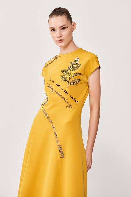 Shop_Shahin Mannan_Yellow Double Crepe Typography And Floral Motifs Round Panelled Handkerchief Dress_Online_at_Aza_Fashions