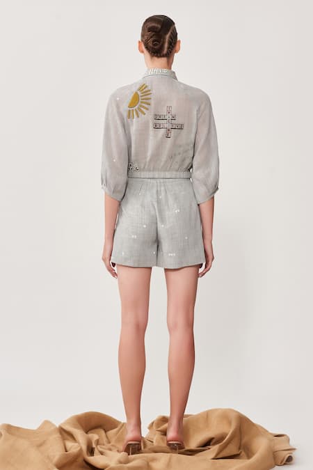 Shop Shahin Mannan Grey Summer Suiting Aeroplane And Rainbow Motif, Flap Short Jacket & Set at Aza Fashions Shop_Shahin Mannan_Grey Summer Suiting Aeroplane And Rainbow Motif, Flap Short Jacket & Set _at_Aza_Fashions