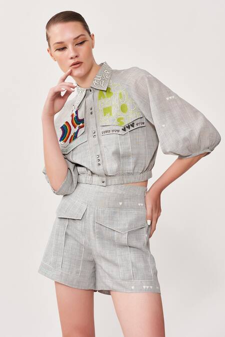 Shop Shahin Mannan Grey Summer Suiting Aeroplane And Rainbow Motif, Flap Short Jacket & Set Online at Aza Fashions Shop_Shahin Mannan_Grey Summer Suiting Aeroplane And Rainbow Motif, Flap Short Jacket & Set _Online_at_Aza_Fashions