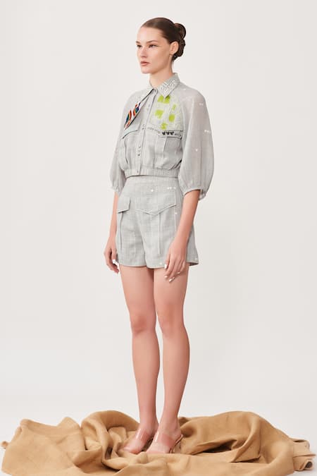 Shop_Shahin Mannan_Grey Summer Suiting Aeroplane And Rainbow Motif, Embroidered Flap Short Jacket_Online_at_Aza_Fashions