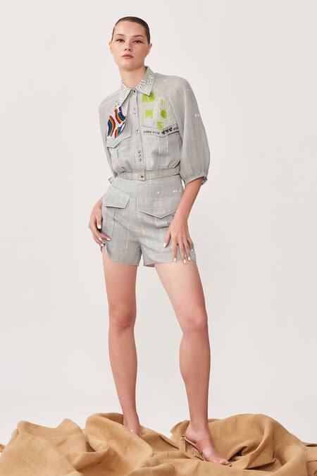 Shop_Shahin Mannan_Grey Summer Suiting Flap Pocket Shorts_Online_at_Aza_Fashions