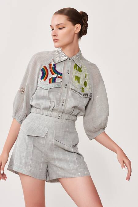 Shahin Mannan_Grey Summer Suiting Flap Pocket Shorts_at_Aza_Fashions