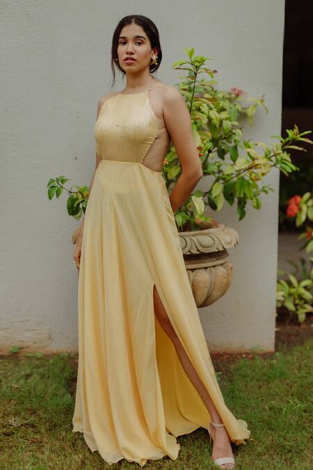 Buy_Pinup By Astha_Yellow Flat Chiffon Embroidered Sequins Round Sage Backless Gown _Online_at_Aza_Fashions