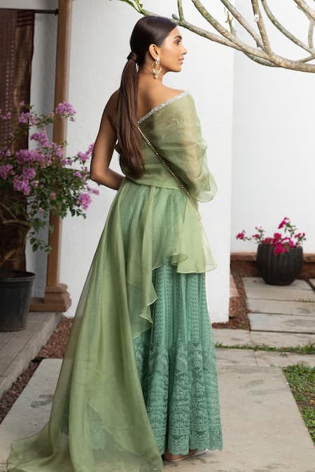 Shop_Jade By Monica & Karishma_Green Organza, Tulle Thread Work One Draped Choli And Embroidered Lehenga Set _at_Aza_Fashions