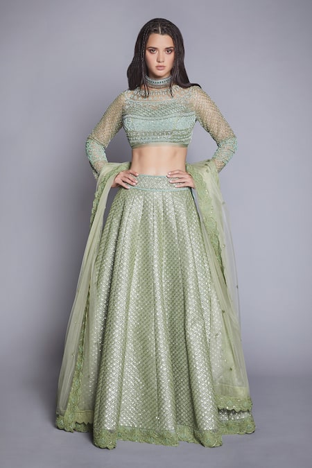 JADE BY MONICA & KARISHMA Green Raw Silk Round Embroidered Bridal Lehenga Set 