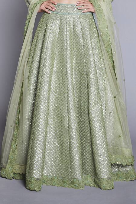 Jade By Monica & Karishma_Green Raw Silk, Tulle Round Embroidered Bridal Lehenga Set _Online_at_Aza_Fashions