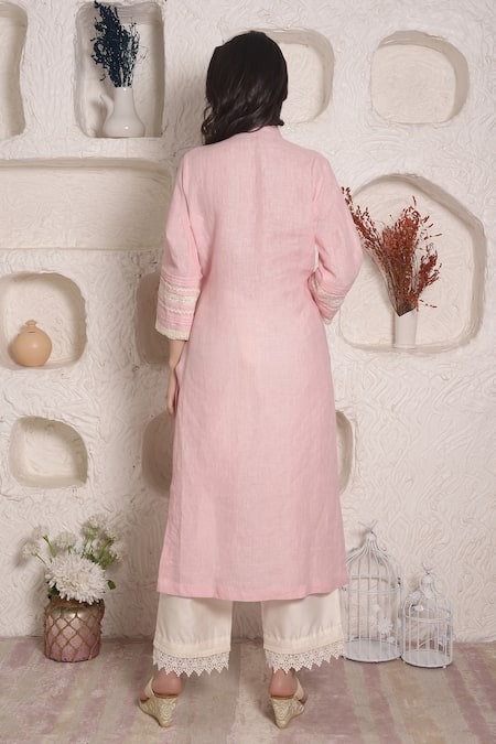 Shop_Surabhi Arya_Pink Linen Lace Band Kurta And Palazzo Set _at_Aza_Fashions