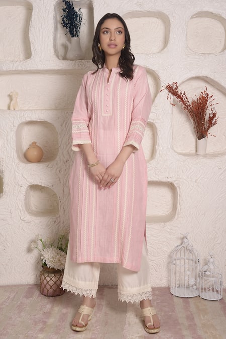 Surabhi Arya_Pink Linen Lace Band Kurta And Palazzo Set _Online_at_Aza_Fashions