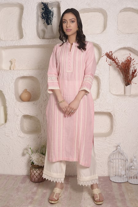 Buy_Surabhi Arya_Pink Linen Lace Band Kurta And Palazzo Set _Online_at_Aza_Fashions