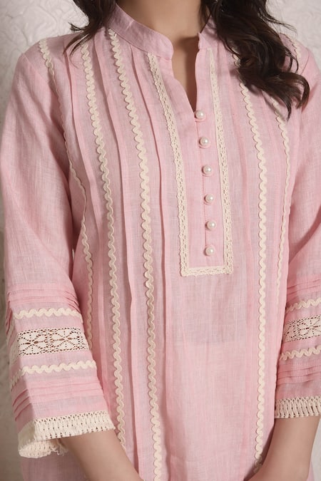 Surabhi Arya_Pink Linen Lace Band Kurta And Palazzo Set _at_Aza_Fashions
